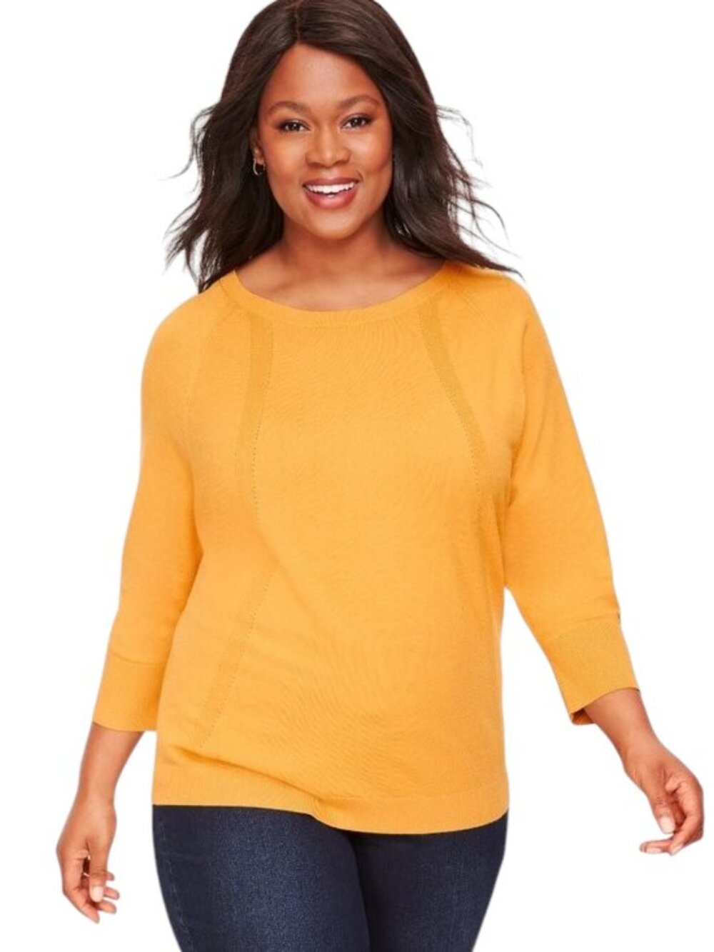 Talbots Amber Gold Pointelle Detail Dolman 3/4 Sleeve Bateau Neck Sweater
